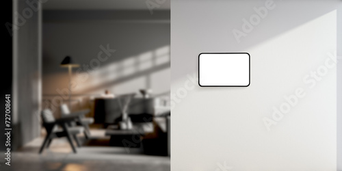 Smart home tablet in gray living room © ImageFlow