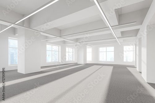White empty office interior with panoramic window on skyscrapers