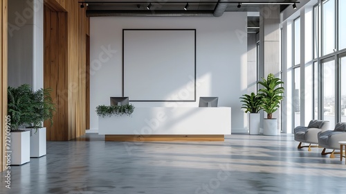 Big office welcome area with hardwood backdrop and blank white poster and space, Generative AI. photo