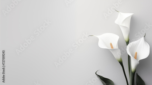 Zantedeschia or white calla lily on muted light grey background. Minimalist Sympathy Condolences Grief card. Copy space photo