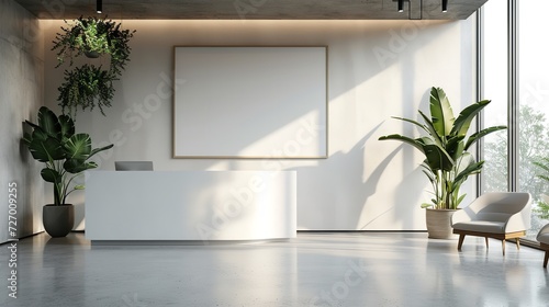 Big office welcome area with hardwood backdrop and blank white poster and space  Generative AI.