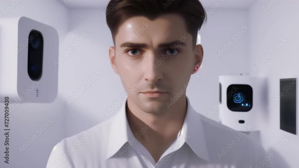 man looking at the camera in white room man looking at the camera in white room