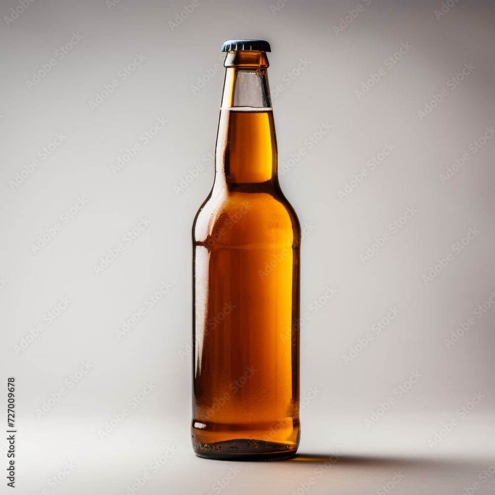 A bottle of beer on a light background. Generative AI. A bottle of beer on a light background. Generative AI.