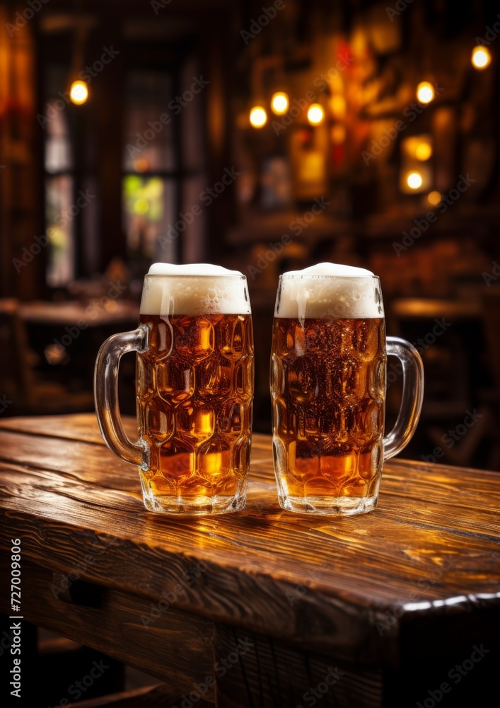 Two glasses of beer on a wooden table in a pub. Generative AI.