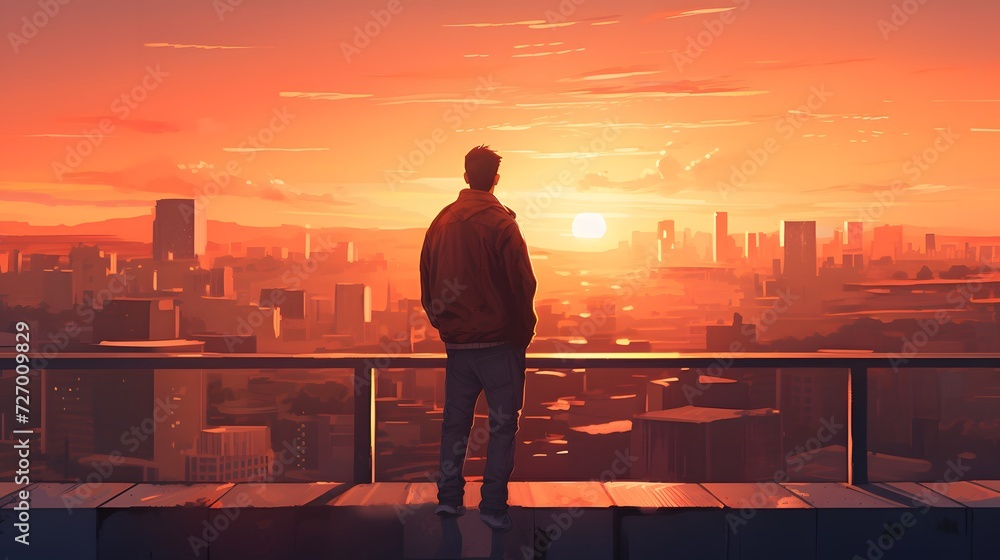 Fototapeta premium A modern man enjoying a rooftop view of the city at sunset, hands in pockets