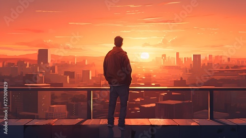 A modern man enjoying a rooftop view of the city at sunset, hands in pockets