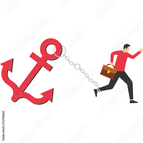 Career burden, held back or no career path in work, tried stress businessman trying hard to run forward with heavy anchor.

