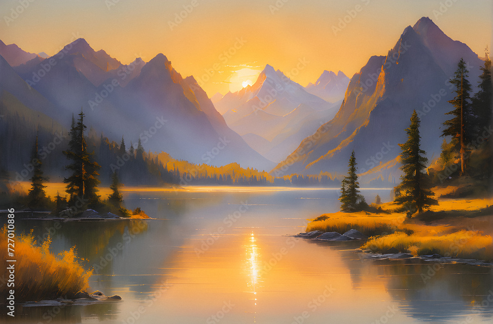 Golden Embrace: Tranquil Sunset in the Majestic Mountains, a Serene Symphony of Rugged Peaks and Dimming Light. generative AI