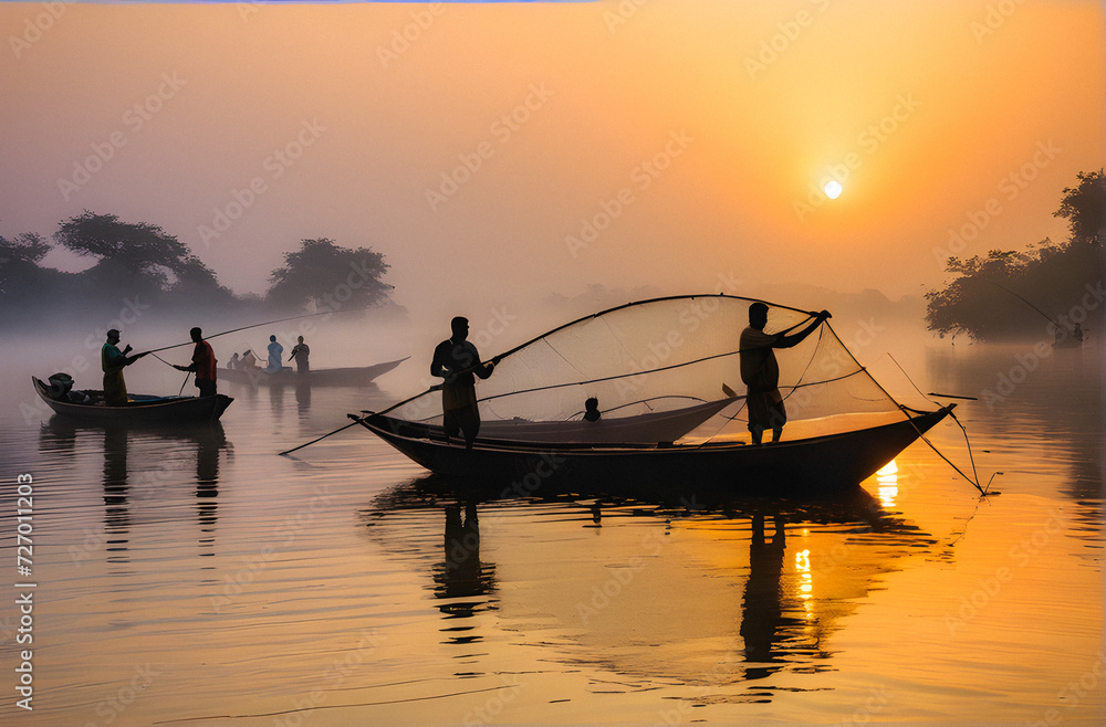 Misty Morning Catch: Traditional Boats and Fishermen Engaged in the Tranquil Dance of Sunrise Over Calm Waters. generative AI