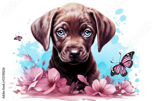 Sapphire Butterfly Companionship with a Charming Pink Puppy - Generative AI photo