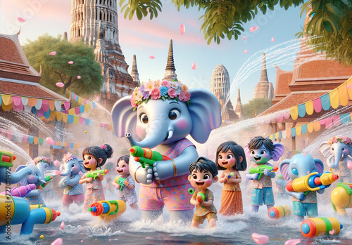 Thai elephant playing in the water with children On Songkran Day in Ayutthaya, Thailand