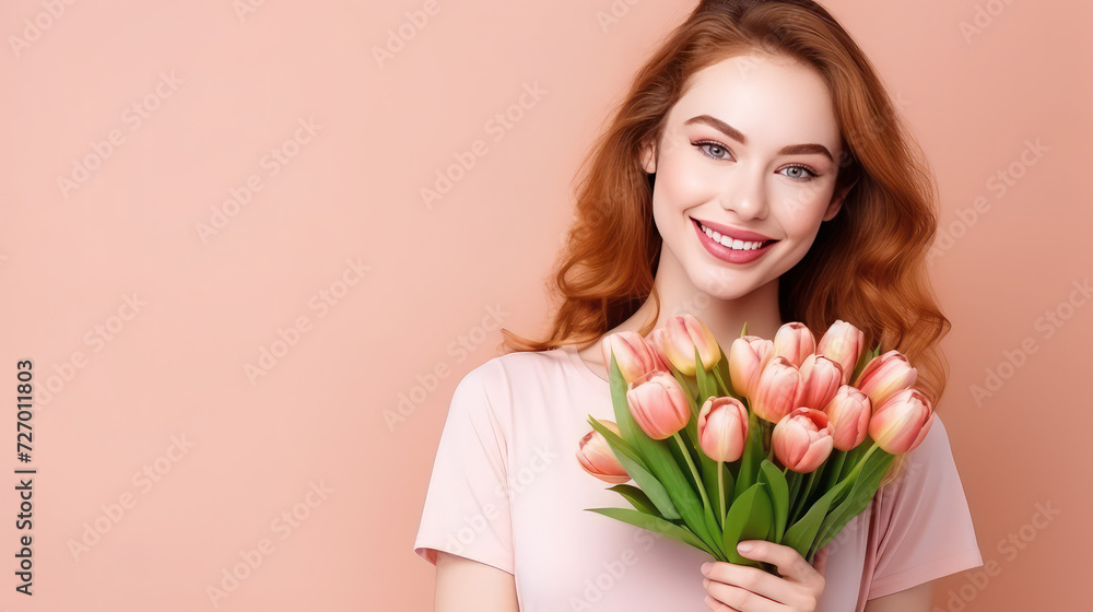 Attractive young smiling red haired woman holding bunch of pink tulips in hands copy space peach fuzz background