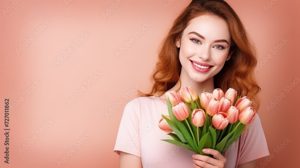 Attractive young smiling red haired woman holding bunch of pink tulips in hands copy space peach fuzz background