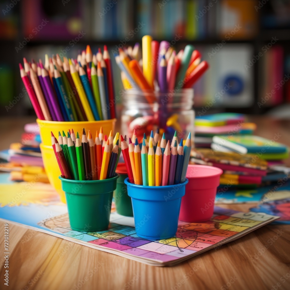 Colored crayons in a cup placed on a table in the interior of a kindergarten. Generative AI. Colored crayons in a cup placed on a table in the interior of a kindergarten. Generative AI.
