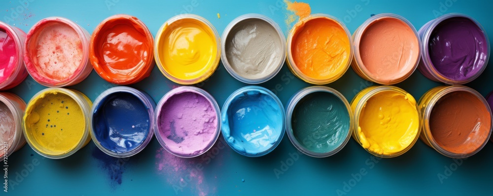 Tempera colors with brushes on a light background. Generative AI. Tempera colors with brushes on a light background. Generative AI.