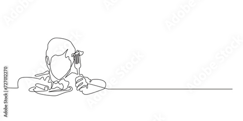 continuous line drawing of a child losing his appetite.single line of a child having no appetite.