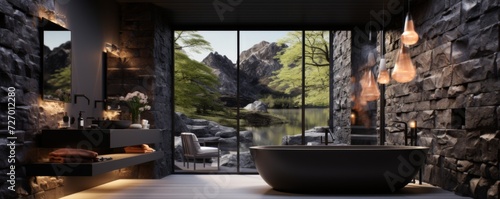 Beautiful modern bathroom in black design. Generative AI.