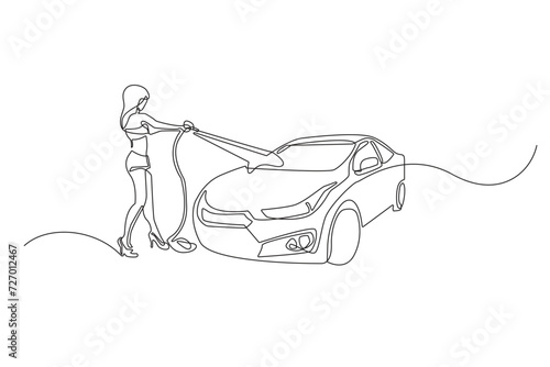 continuous line of woman washing a car.one line drawing of a car washing.one vector line of woman spraying a car with water.isolated white background