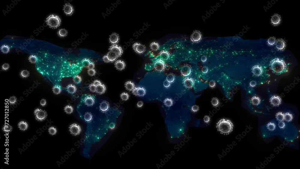 Coronavirus Floating On World Map On Dark Bg Medical Background Concept, Virus Attack The World Animation Background. Pandemic Covid-19 3d Virus Cells Animation Background,3d Microscopic Virus Cells Coronavirus Floating On World Map On Dark Bg Medical Background Concept, Virus Attack The World Animation Background. Pandemic Covid-19 3d Virus Cells Animation Background,3d Microscopic Virus Cells