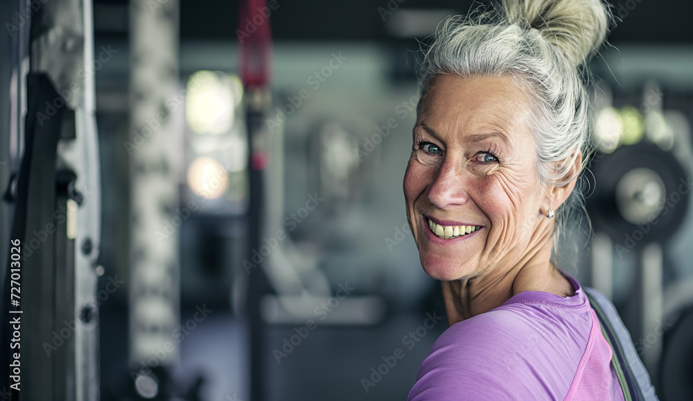 Fototapeta premium smiling older woman doing crossfit in the gym