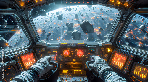Inside a spacecraft cockpit with hands on controls, navigating through a dense asteroid field in space.
 photo