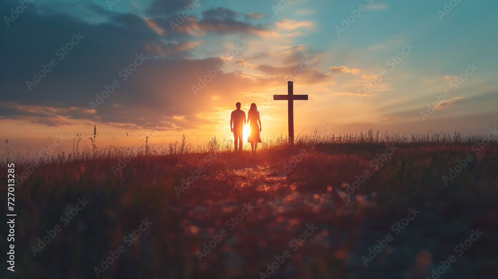 Couple praying together in field in front of cross at sunset - obrazy, fototapety, plakaty 