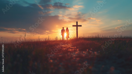 Couple praying together in field in front of cross at sunset photo