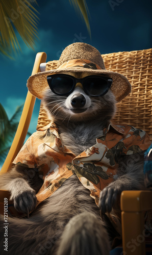 Racoon in summer vacation at the beach