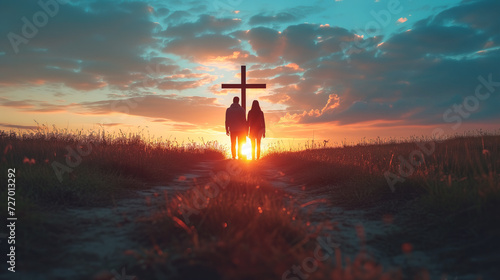 Religious couple praying to God outdoor at sunset. Christian religion concept background