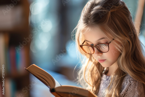 a girl is holding her glasses while reading a book