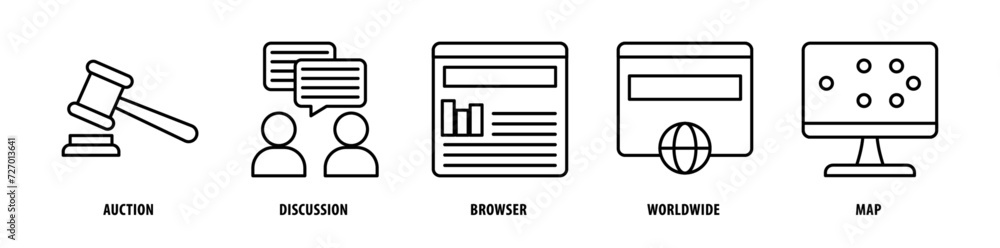 Set of Map, Worldwide, Browser, Discussion, Auction icons, a collection of clean line icon illustrations with editable strokes for your projects Set of Map, Worldwide, Browser, Discussion, Auction icons, a collection of clean line icon illustrations with editable strokes for your projects