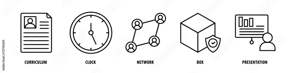 Set of Presentation, Box, Network, Clock, Curriculum icons, a collection of clean line icon illustrations with editable strokes for your projects Set of Presentation, Box, Network, Clock, Curriculum icons, a collection of clean line icon illustrations with editable strokes for your projects