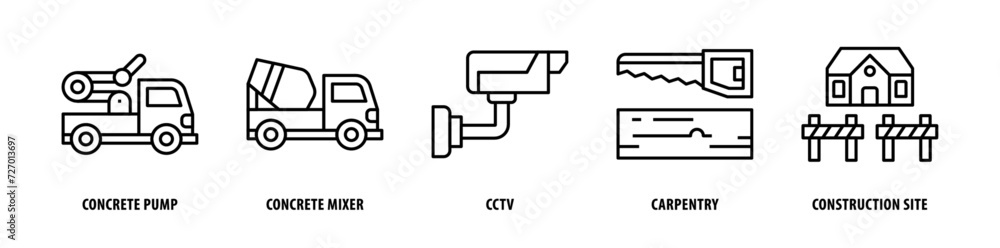 Set of Construction Site, Carpentry, Cctv, Concrete Mixer, Concrete Pump icons, a collection of clean line icon illustrations with editable strokes for your projects
