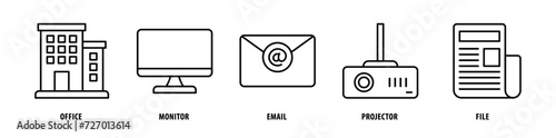 Set of File, Projector, Email, Monitor, Office icons, a collection of clean line icon illustrations with editable strokes for your projects