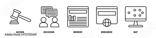 Set of Map, Worldwide, Browser, Discussion, Auction icons, a collection of clean line icon illustrations with editable strokes for your projects
