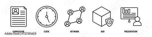 Set of Presentation, Box, Network, Clock, Curriculum icons, a collection of clean line icon illustrations with editable strokes for your projects