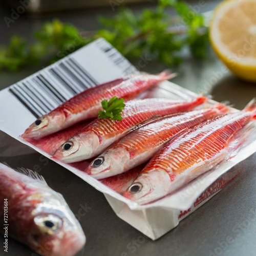 Red mullet fish in plastic market packacge with barcode