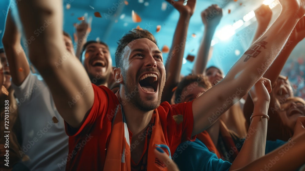 A group of women and men football uniform cheering because of victory of their favorite football team in a game after making a goal at the stadium or a soccer field