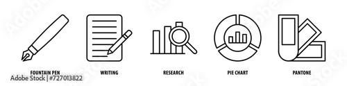 Set of Pantone, Pie Chart, Research, Writing, Fountain Pen icons, a collection of clean line icon illustrations with editable strokes for your projects