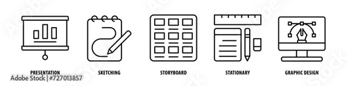 Set of Graphic Design, Stationary, Storyboard, Sketching, Presentation icons, a collection of clean line icon illustrations with editable strokes for your projects