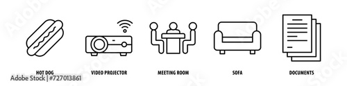 Set of Documents, Sofa, Meeting Room, Video Projector, Hot Dog icons, a collection of clean line icon illustrations with editable strokes for your projects