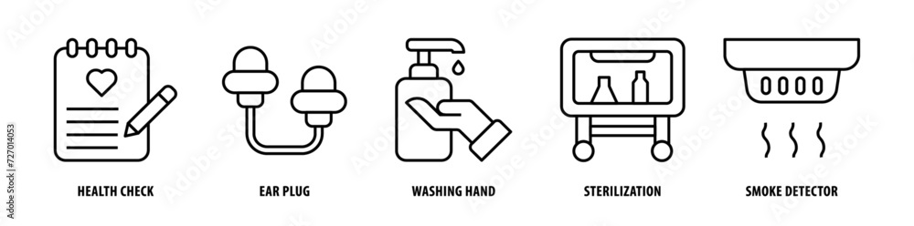 Set of Smoke Detector, Sterilization, Washing Hand, Ear Plug, Health Check icons, a collection of clean line icon illustrations with editable strokes for your projects - obrazy, fototapety, plakaty 