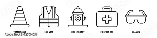 Set of Glasses, First Aid Box, Fire Hydrant, Life Vest, Traffic Cone icons, a collection of clean line icon illustrations with editable strokes for your projects