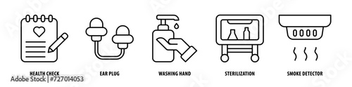 Set of Smoke Detector, Sterilization, Washing Hand, Ear Plug, Health Check icons, a collection of clean line icon illustrations with editable strokes for your projects photo