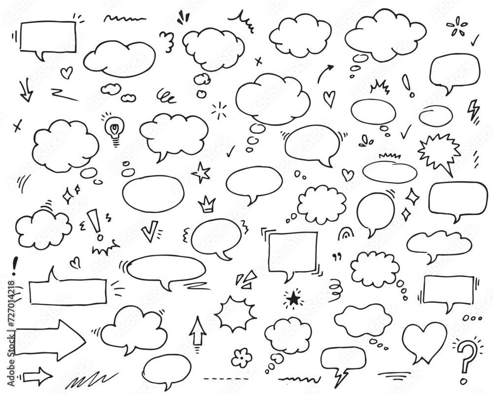 Hand drawn vector sketch elements speech bubble. Underline emphasis arrow shape set hand drawn doodle brush stroke highlight. Black and white. Hand drawn vector sketch elements speech bubble. Underline emphasis arrow shape set hand drawn doodle brush stroke highlight. Black and white.