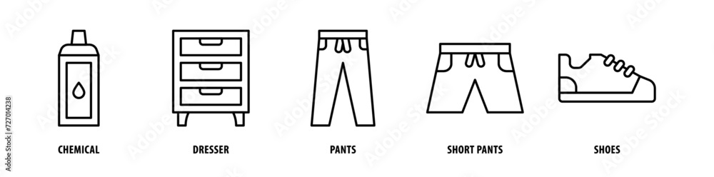 Set of Shoes, Short Pants, Pants, Dresser, Chemical icons, a collection of clean line icon illustrations with editable strokes for your projects Set of Shoes, Short Pants, Pants, Dresser, Chemical icons, a collection of clean line icon illustrations with editable strokes for your projects