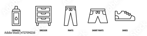 Set of Shoes, Short Pants, Pants, Dresser, Chemical icons, a collection of clean line icon illustrations with editable strokes for your projects