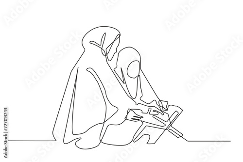 one line drawing of mother and daughter reading the Koran.single line vector of woman reciting the Koran