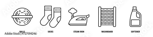 Set of Softener, Washboard, Steam Iron, Socks, Balls icons, a collection of clean line icon illustrations with editable strokes for your projects