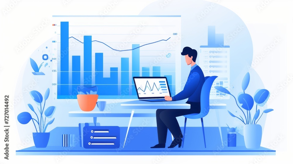 Business data analytics: man boosting sales with laptop and rising graph - revenue growth strategy Business data analytics: man boosting sales with laptop and rising graph - revenue growth strategy